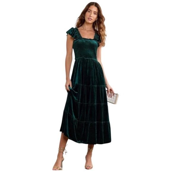 hill house home velvet nap dress green tiered smocked cottagecore midi - Picture 2 of 8